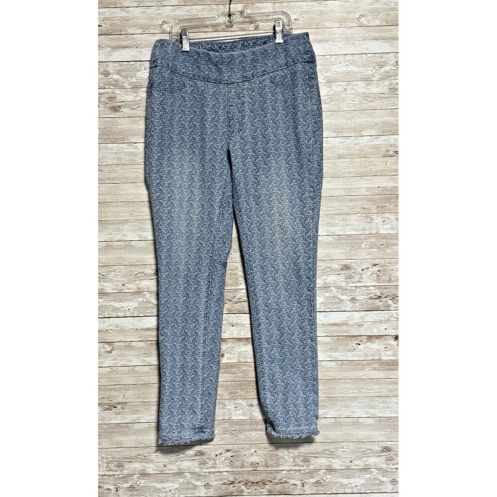 Soft Surroundings Blue Floral Pull On Jeans Raw Hem Fringe Trim Size XS